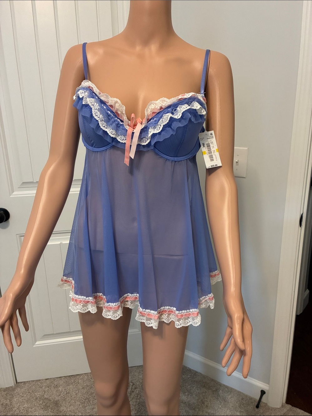 Sheer Periwinkle Lace-Trim Babydoll Chemise with Pink Ribbon